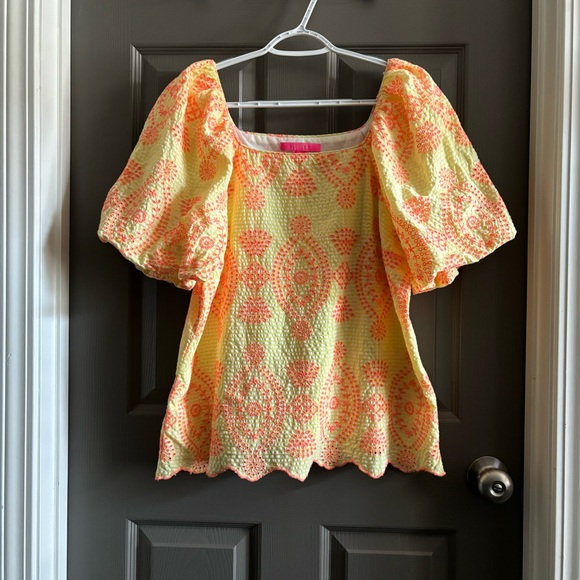 Lilly Pulitzer Lettie Eyelet Seersucker Top Yellow Neon Coral Puff Sleeves L - Picture 9 of 11